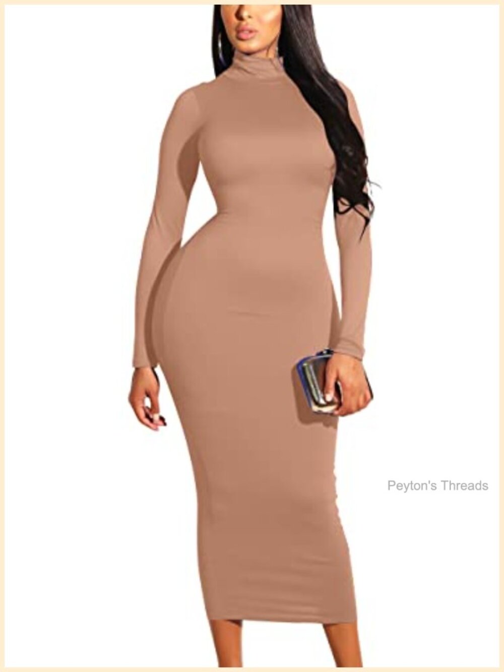 Women's High Neck Long Sleeve Bodycon Midi Dress
